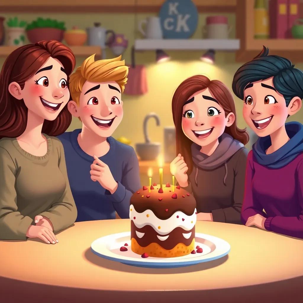 The four friends enjoying their delicious creation, the treat looking delightful on the table, happy expressions on their faces, colorful kitchen in the background, warm and inviting atmosphere, heartwarming illustration