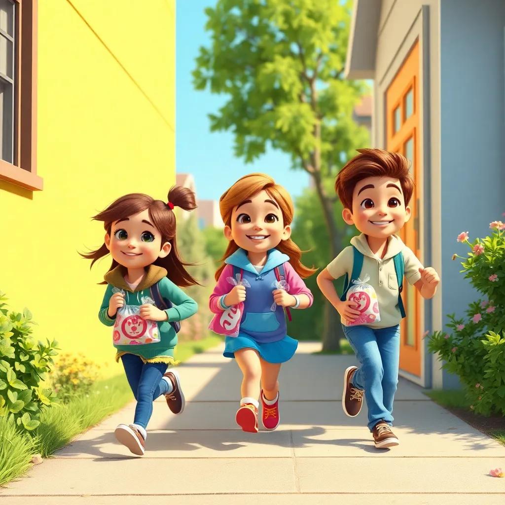 The friends packing little bags of treats to share with neighbors, smiles on their faces as they run door to door, bright sunny day, cheerful community surroundings, joyful scene, colorful and engaging