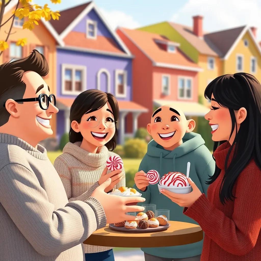 The friends smiling after sharing their treats with neighbors, happiness in the air, colorful houses in the background, warm sunlight, sense of community, joyful celebration, charming art