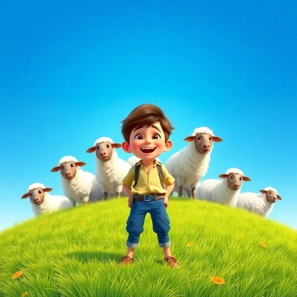 A cheerful shepherd boy named Leo, around 9 years old, with short brown hair and wearing a simple shirt and jeans, standing on a grassy hill with a flock of sheep around him, laughing and looking mischievous under a bright blue sky, digital art, vibrant colors, playful atmosphere, high quality