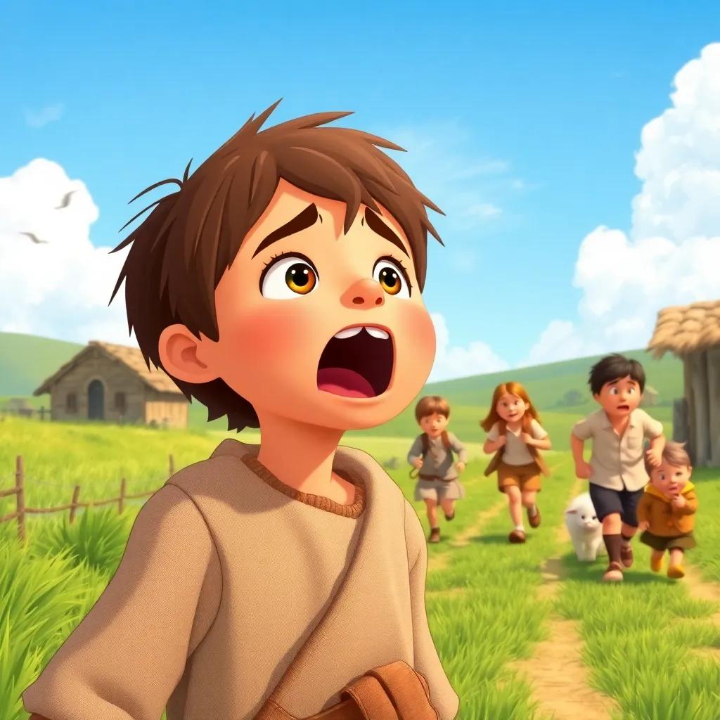 A shepherd boy named Leo, around 9 years old, with short brown hair and simple clothes, shouting at the top of his lungs on a sunny day, with villagers running towards him from a distance, looking concerned but confused, illustration, bright colors, lively scene, child-friendly