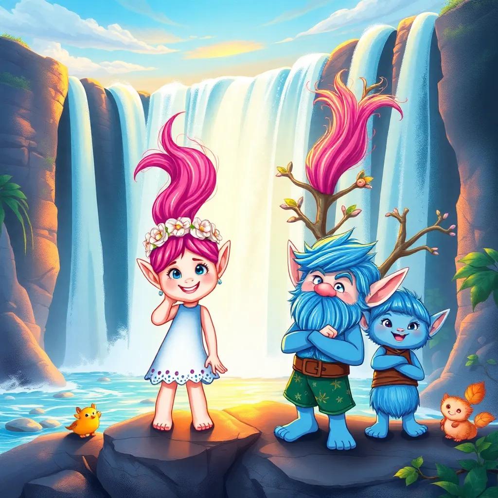 A beautiful waterfall with glimmering water, Poppy, a cheerful pink-haired troll with a flower crown, and Branch, a blue-haired troll with a determined look, standing by the edge, friendly creatures around, sunset light, colorful reflections, serene atmosphere, high quality