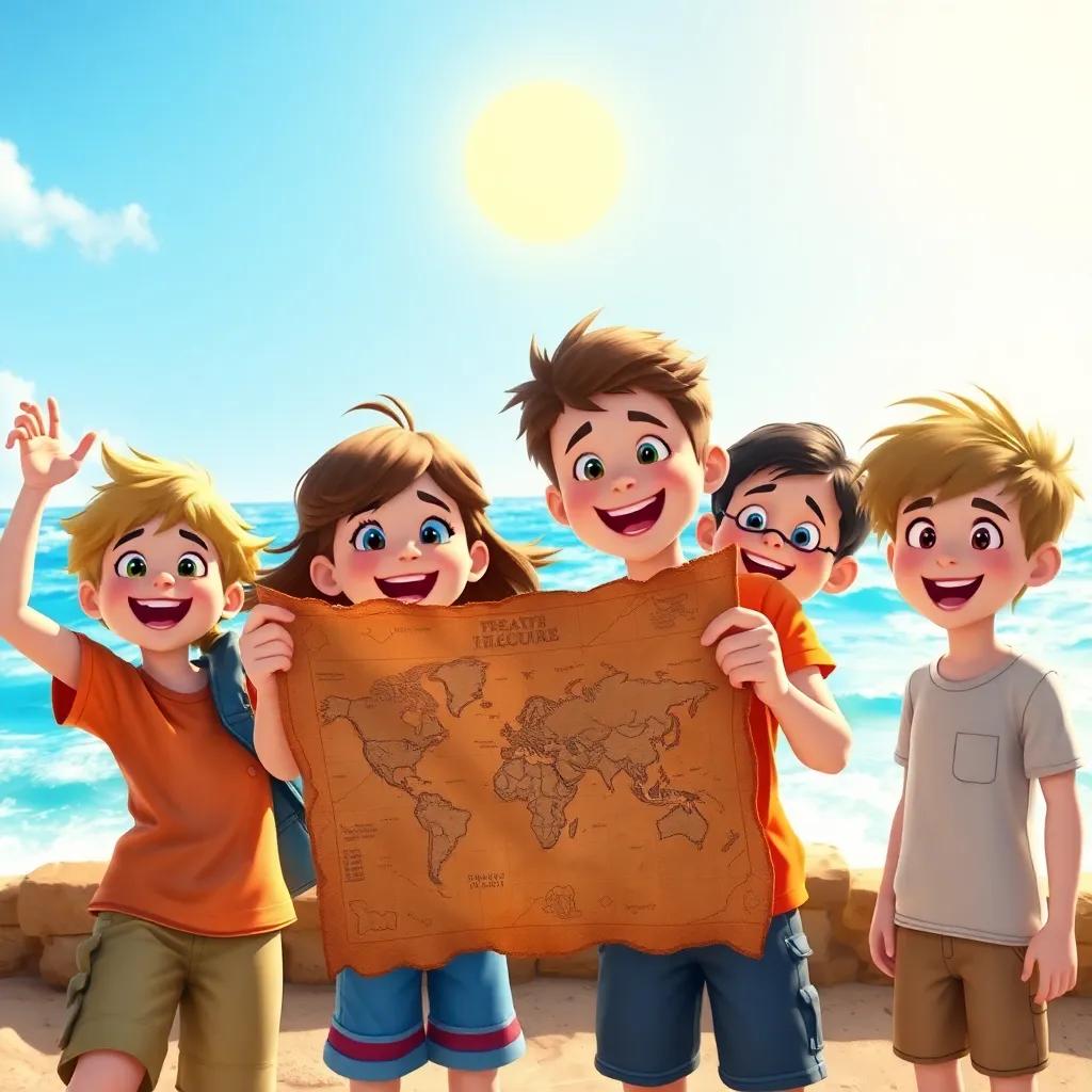 A bright sunny day with four young friends excitedly holding an old treasure map, colorful sea waves in the background, digital art, vibrant colors, joyful atmosphere, high quality