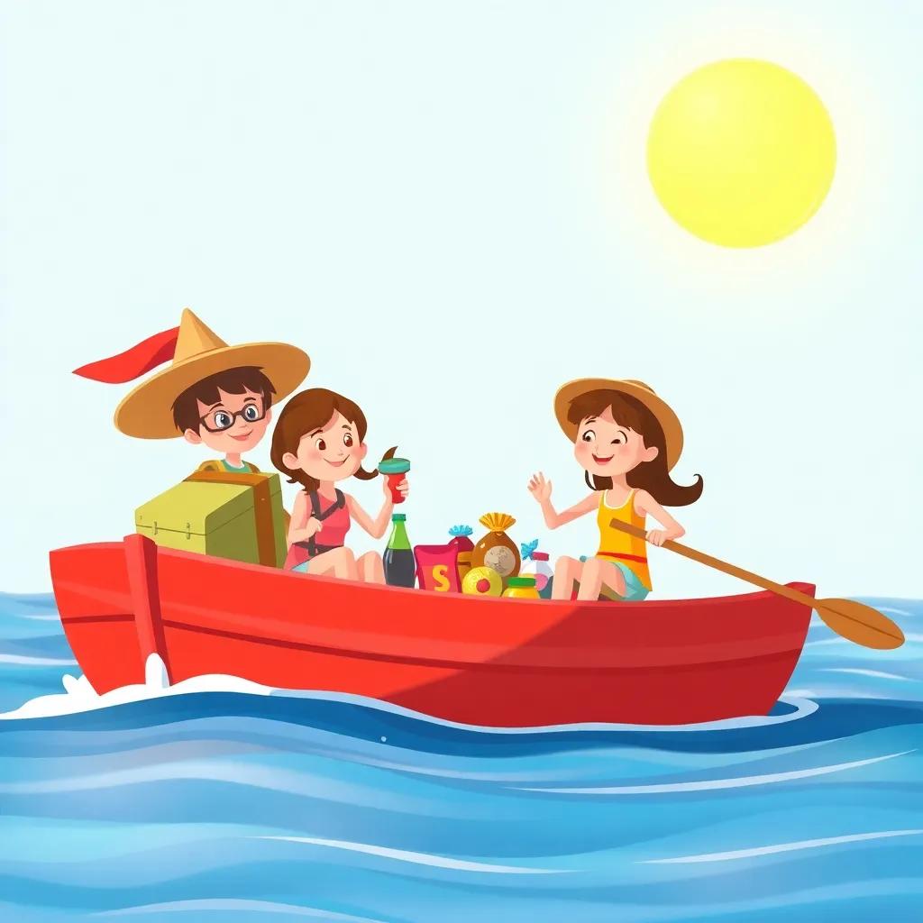 The friends packing a bright red boat with snacks and a big hat, sailing on blue water under a bright sun, illustration, cheerful, adventure theme, child-friendly