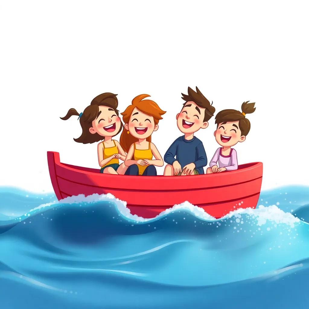 Four friends laughing and singing on their small red boat, with gentle wind and sparkling waves around them, cute cartoon style, lively colors, happy vibe