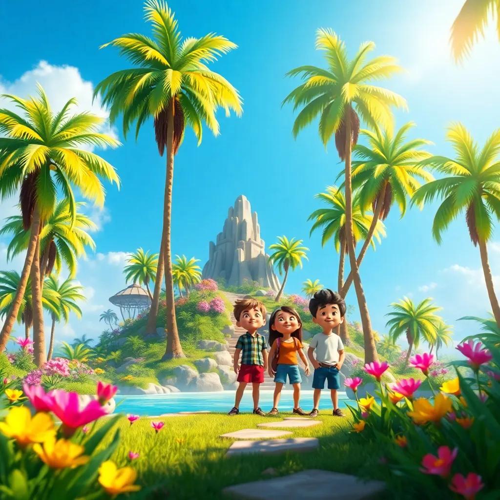 A magical island with tall palm trees and colorful flowers in sunlight, the friends looking amazed and excited, digital painting, bright and inviting, high quality