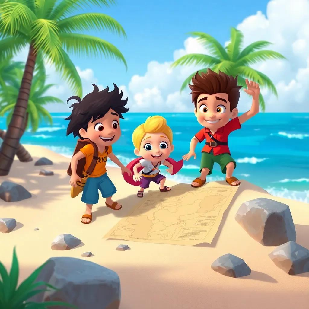 The friends following the treasure map on soft sand, climbing over rocks, with palm trees and ocean waves in the background, playful, fun colors, friendly atmosphere