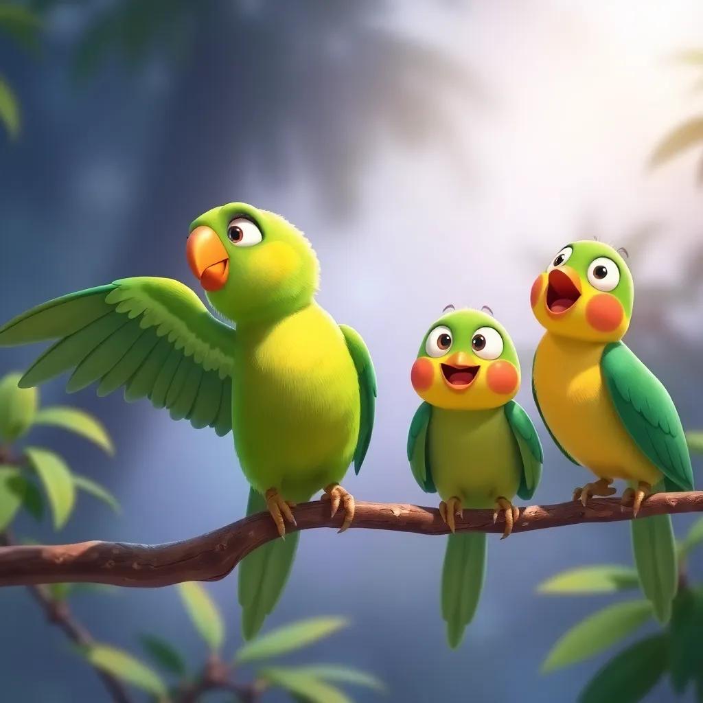 A bright green parrot sitting on a branch, looking curious with its wings spread, while the friends look surprised and happy, illustration, vibrant colors, playful