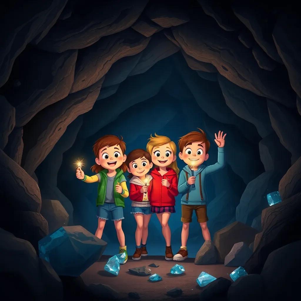 Inside a dark cave, the friends holding torches, looking excited and adventurous, sparkly stones glimmering around them, digital art, vibrant colors, adventurous