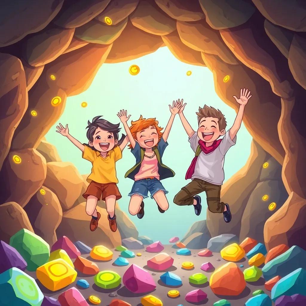 The friends jumping with joy as they find shiny coins in the cave, smiles on their faces, colorful stones all around, cheerful atmosphere, illustration, high quality