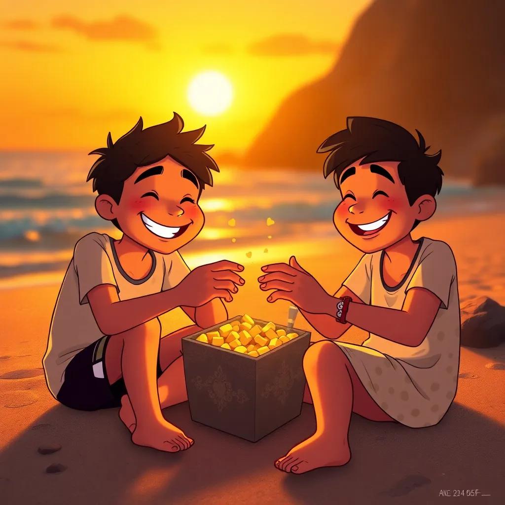 The friends sharing treasure equally with big smiles on their faces, while sitting on the beach, sunset lighting giving a golden glow, warm and heartwarming, vibrant colors, storytelling