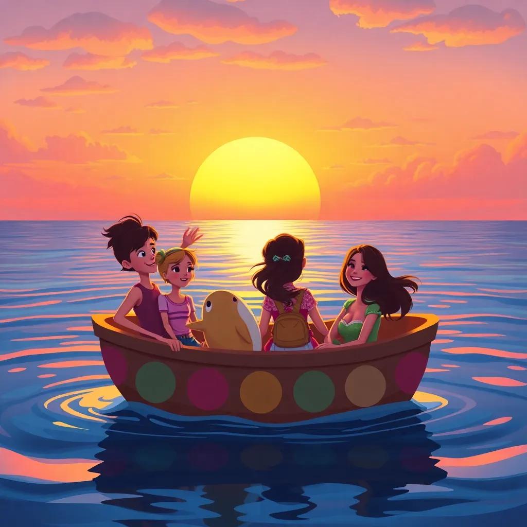 The four friends sailing home with the sunset behind them, happy and dreaming of more adventures, colorful boat in the water, whimsical art style, uplifting and cheerful