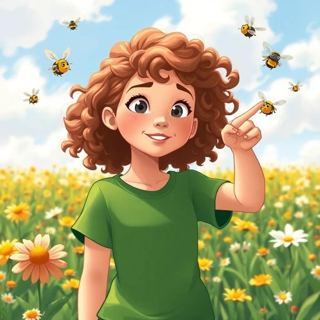 A determined young woman, Mia, with curly brown hair and wearing a green t-shirt, standing in a vibrant flower-filled field, pointing excitedly at buzzing bees, sunny day, cheerful atmosphere, illustration, child-friendly style, high quality
