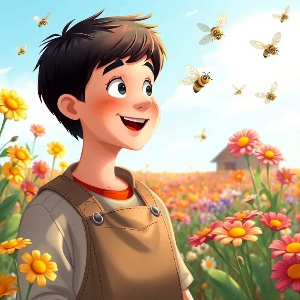 A brave farmer, Sam, with short black hair and wearing overalls, looking amazed as colorful flowers bloom around his crops, with buzzing bees flying happily, bright daylight, warm colors, uplifting scene, illustration, child-friendly style, high quality
