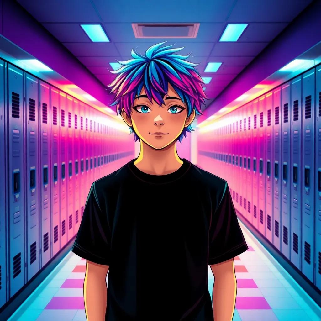 A young emo boy, Jamie, with colorful hair and a black shirt, standing confidently in a school hallway surrounded by lockers, digital art, vibrant colors, uplifting atmosphere, high quality