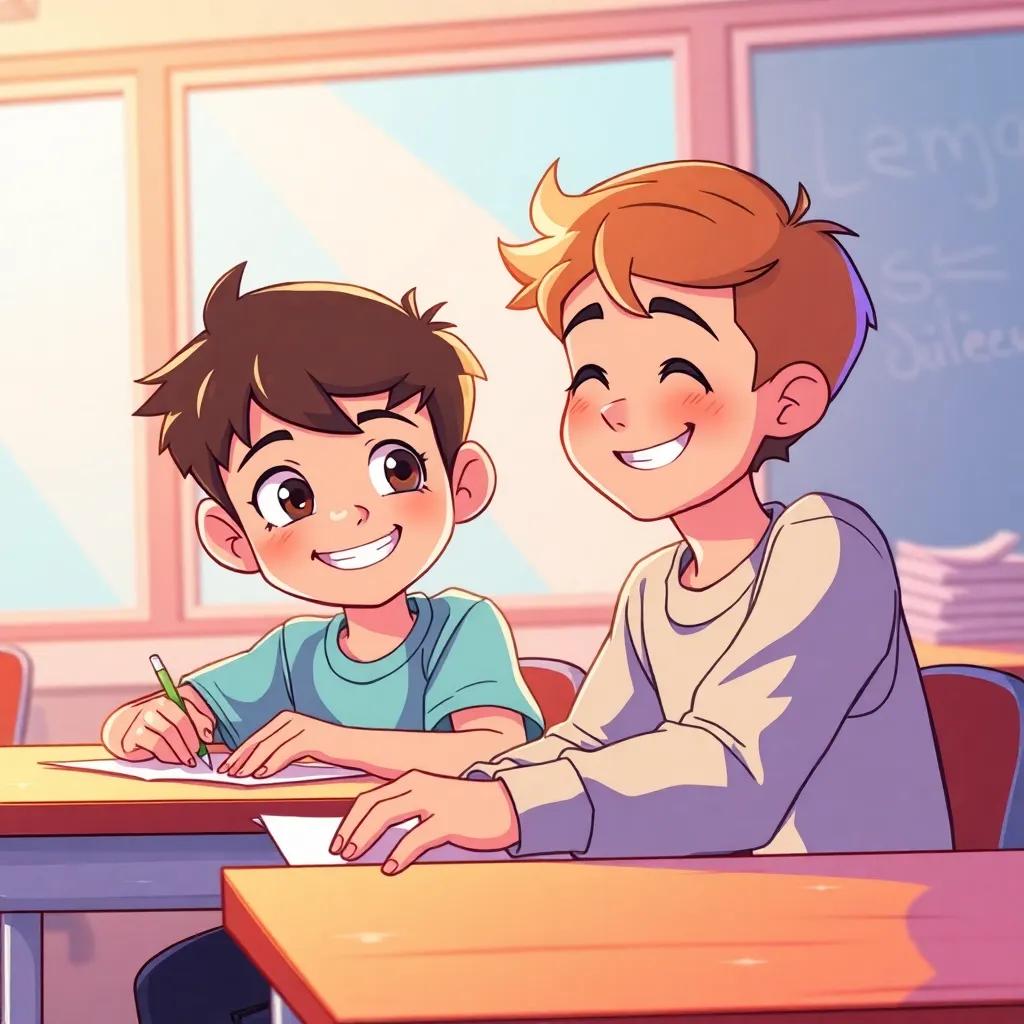 A young boy, Alex, with short hair and a mischievous grin, sitting at a classroom desk with Jamie beside him, both working on a project, cheerful illustration, warm light, friendly environment, high quality