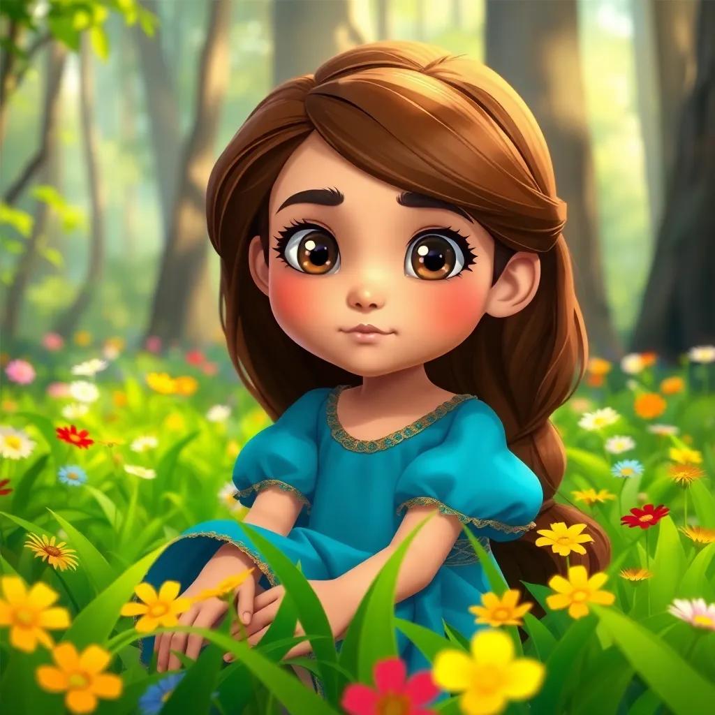 A young girl named Lina, with long brown hair wearing a bright blue dress, sitting in a lush green forest, looking determined, colorful flowers around her, digital art, vibrant colors, hopeful atmosphere, high quality