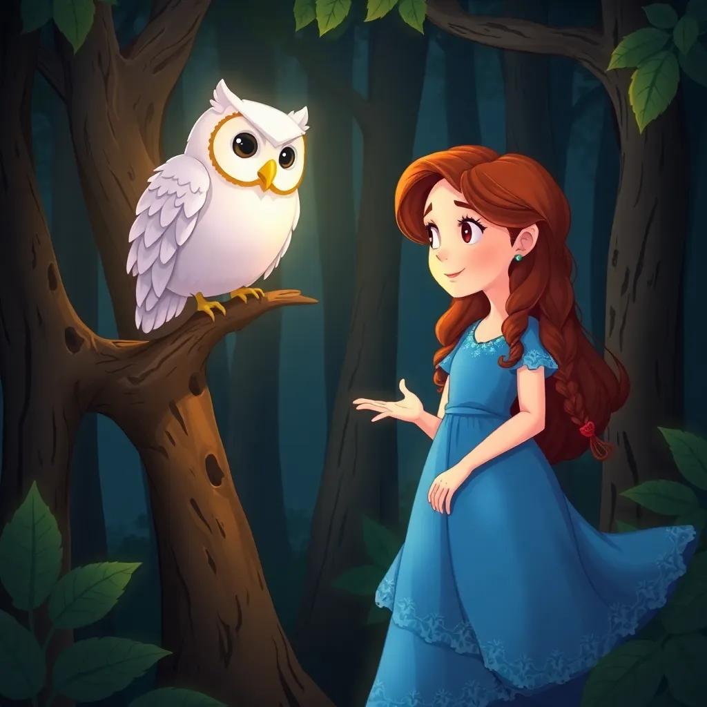 Lina, a young girl with long brown hair in a flowing blue dress, talking to a wise owl perched on a tree branch, surrounded by thick, dark woods, magical glow, enchanting mood, illustration, cheerful, high quality