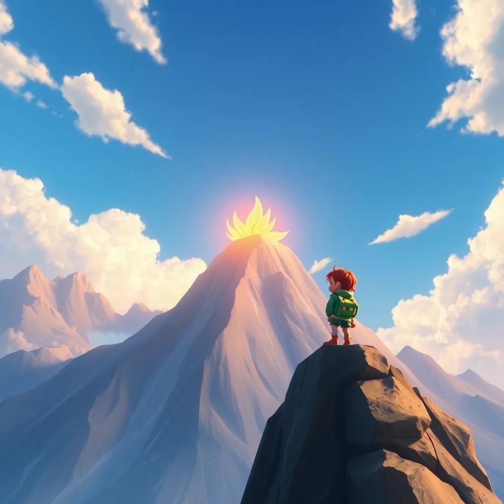 A majestic mountain with a glowing flower at its peak, Lina climbing eagerly, bright blue sky with fluffy clouds, vibrant colors, adventurous perspective, digital painting, child-friendly, high quality