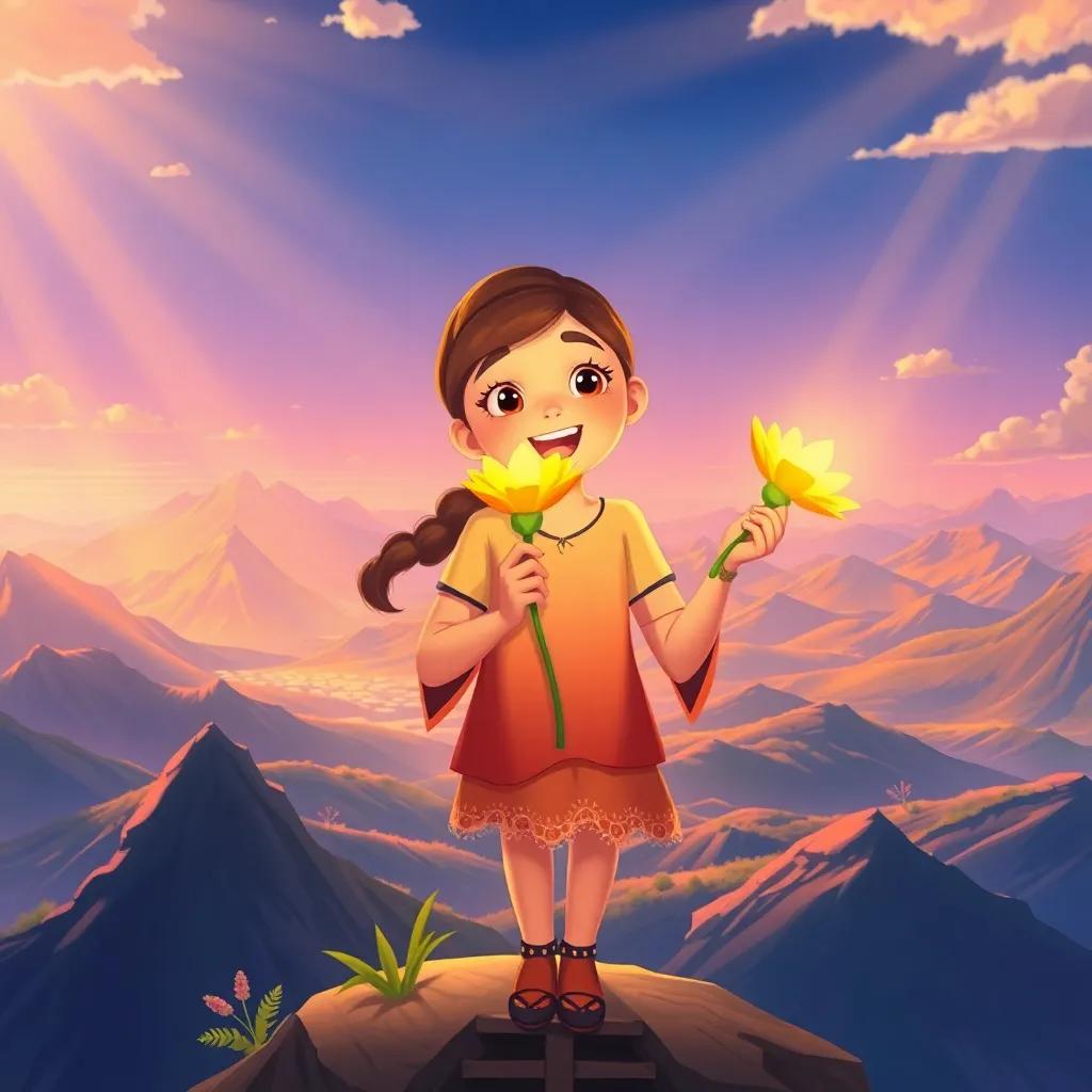Lina at the mountain top, holding a glowing flower, excited and proud, with beautiful panoramic view around her, golden sunbeams illuminating the scene, colorful landscape, illustration, realistic, high quality