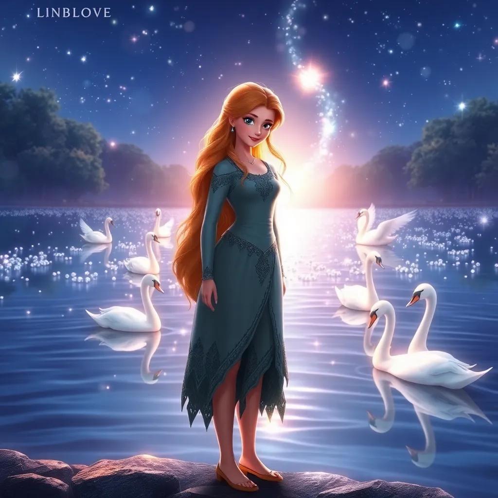 Lina standing by a sparkling lake, swans swirling in the water, a magical light around her, love and hope radiant in the air, enchanting scenery, digital art, warm colors, inviting atmosphere, high quality