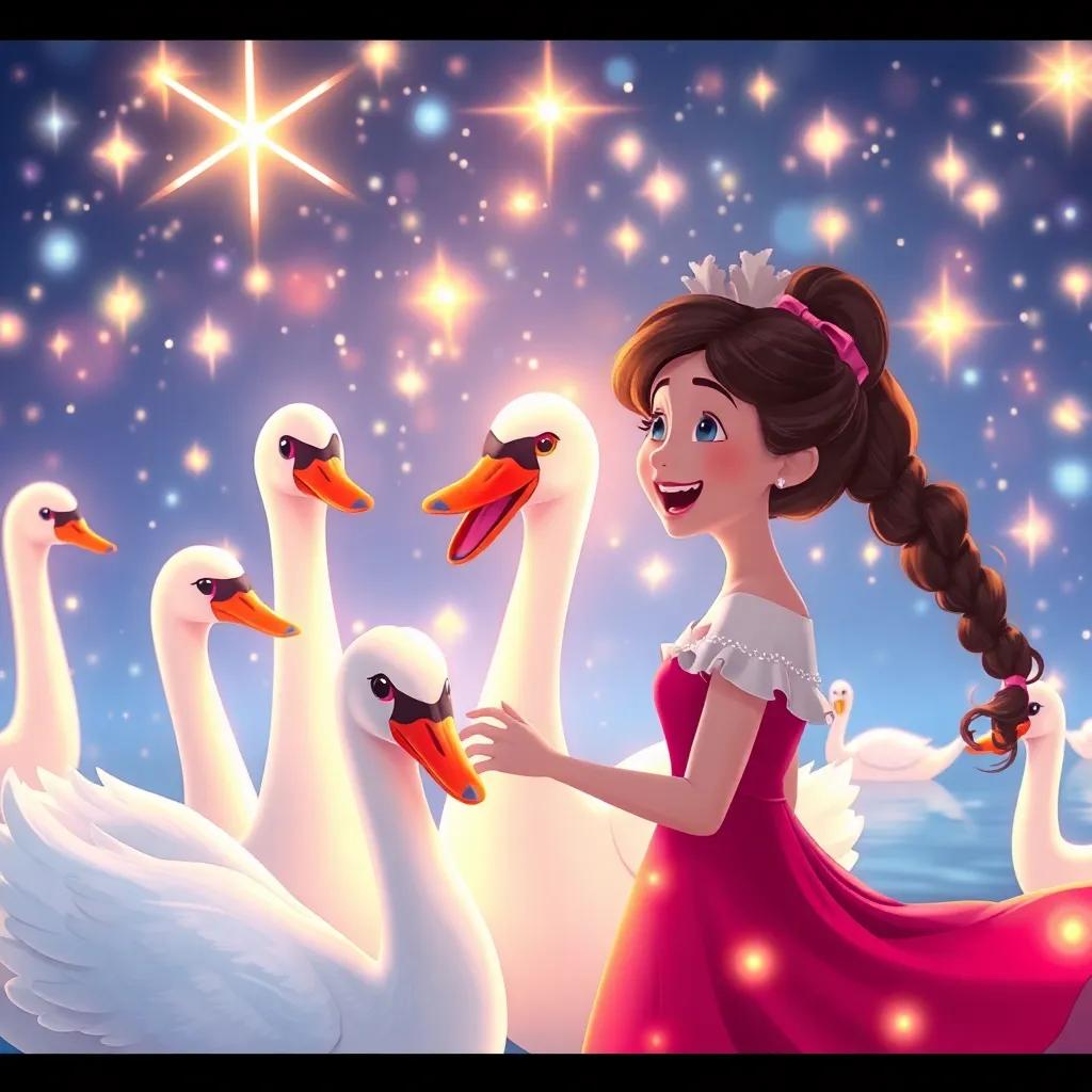 A magical spectacle as the swans turn back into boys, bright sparkles in the air, Lina cheering joyfully, family bonds glowing, colorful scene, illustration, joyful, high quality