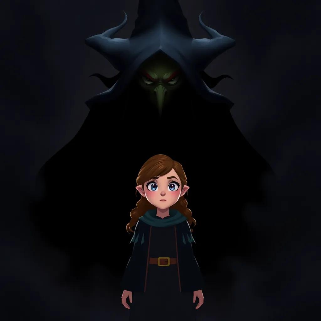 A dark figure of a witch looking angry, surrounded by shadows, Lina standing tall in front of her, courage in her eyes, contrasting light and dark, illustration, dramatic, high quality