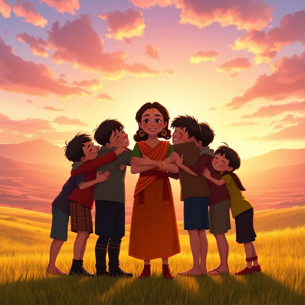 Lina and her twelve brothers embracing each other happily, surrounded by a beautiful landscape, sunset colors in the sky, love and joy radiating, digital art, heartwarming scene, high quality