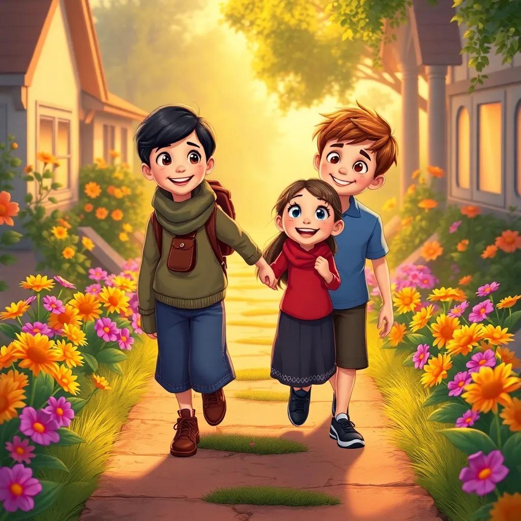 Lina and her brothers walking together back home, colorful flowers lining the path, smiles all around, warm light casting a glow, illustration, cheerful, high quality