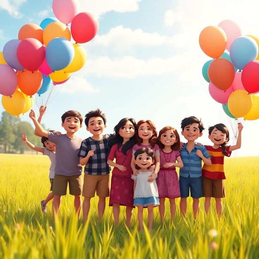 A large family group of Lina with her twelve brothers, joyous celebration in a grassy field, colorful balloons, bright and uplifting atmosphere, illustration, vibrant colors, high quality