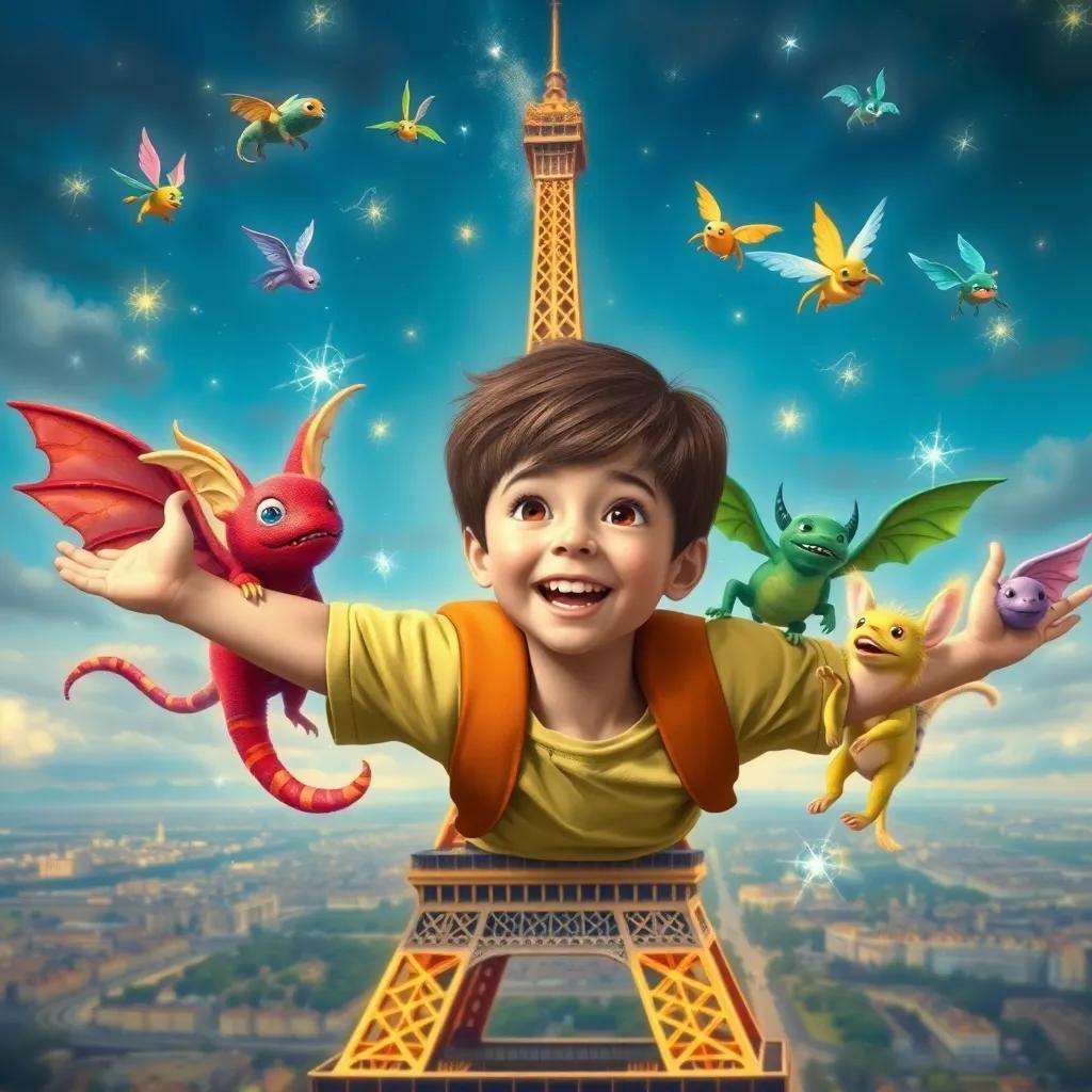 Lucas, a young boy with short brown hair, joyfully flying above the Eiffel Tower with colorful creatures, each with unique and strange features, sparkling wings and whimsical shapes, magical scenery, bright colors, uplifting atmosphere, high quality