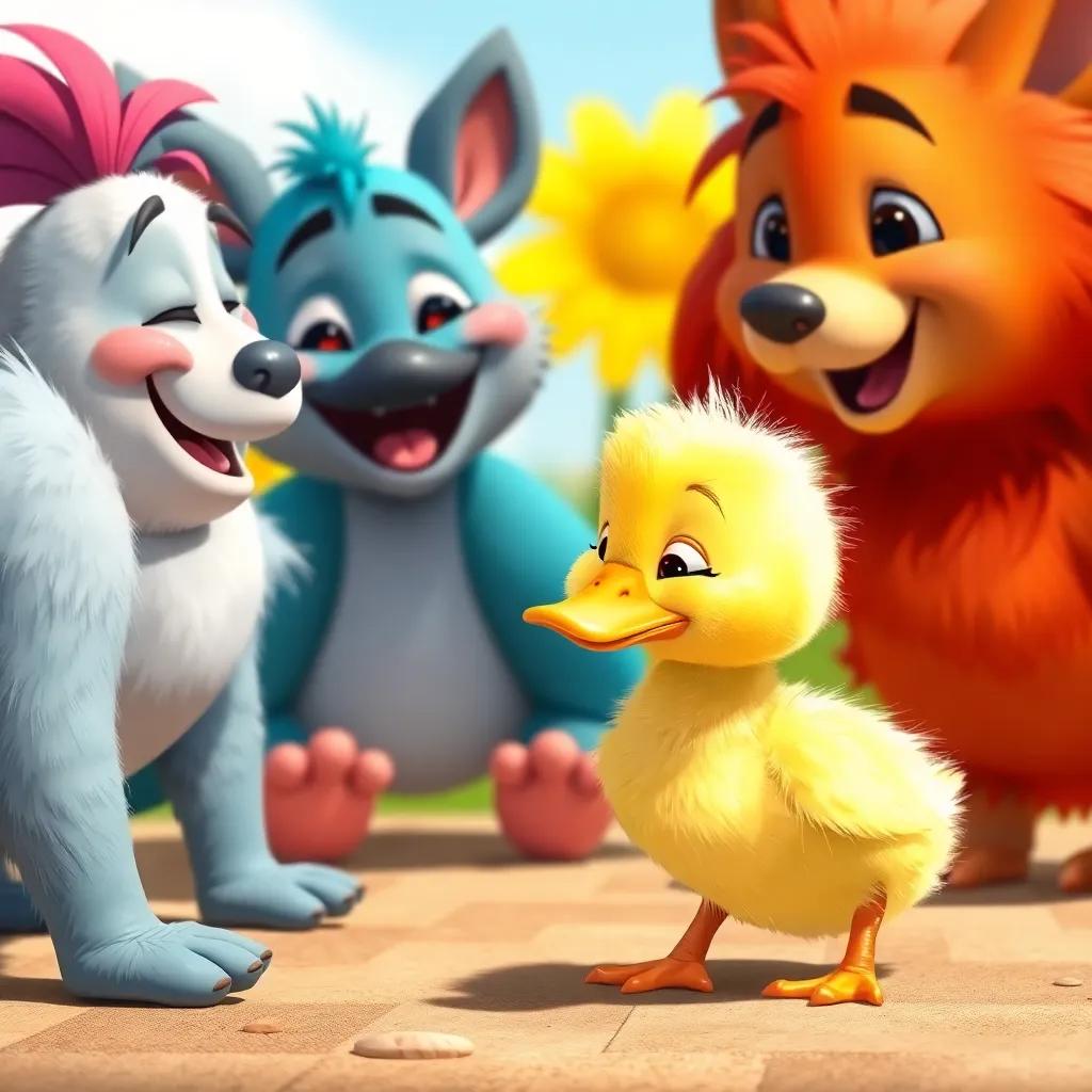 Other animals laughing at the little duckling, with colorful feathers and a sunny day in the background, the duckling looking down in sadness as they play, cheerful colors, playful environment, high quality