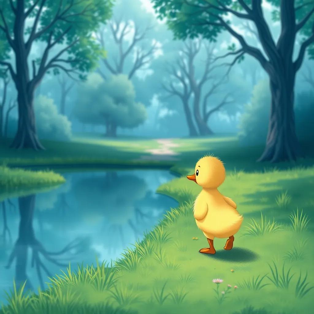 The little duckling walking away from the pond, feeling blue, with trees in the background and a path ahead, illustration, dreamy colors, hopeful tone, high quality