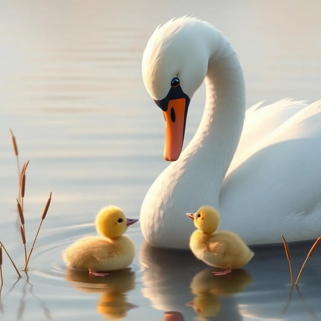 The kind old swan looking at the little duckling with gentle eyes, surrounded by a calm lake and soft reeds, conveying kindness and warmth, digital painting, soft colors, inviting atmosphere, high quality
