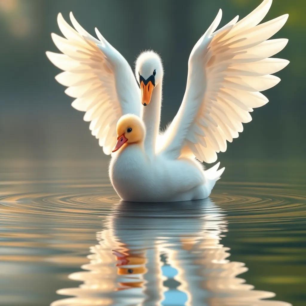 The little duckling transforming into a beautiful swan, with elegant wings spread wide, reflecting in the water, vibrant colors, magical scene, high quality
