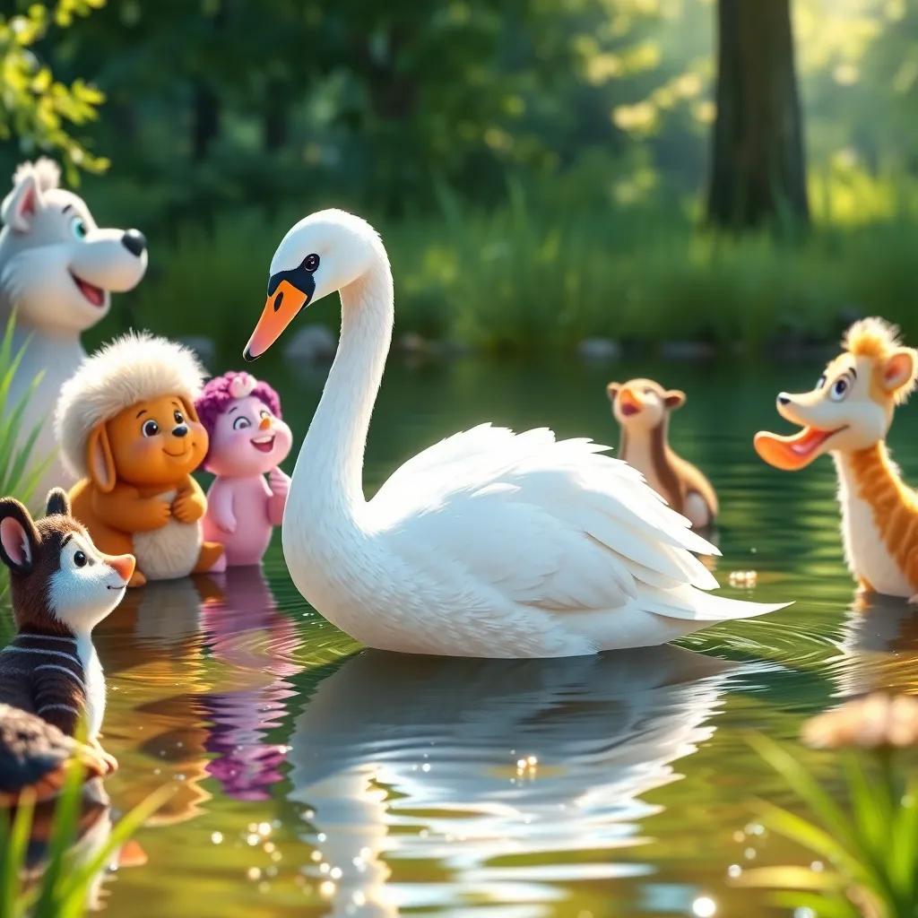 The other animals staring in awe at the beautiful swan, with smiles on their faces, the pond sparkling in the sunlight, bright colors, joyful atmosphere, high quality