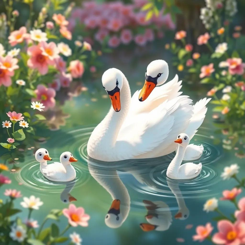 The beautiful swan smiling and swimming with newfound friends, with flowers and greenery all around, reflecting happiness and acceptance, lovely colors, peaceful scene, high quality
