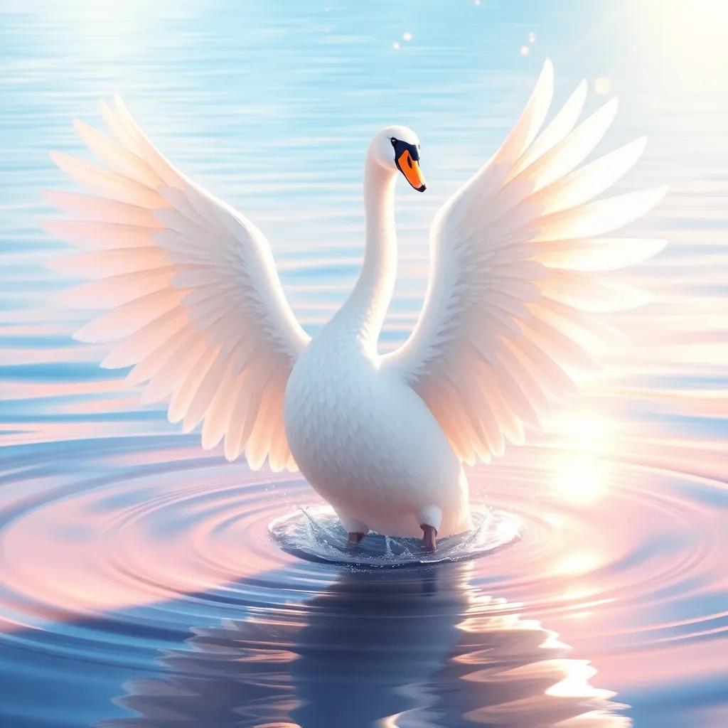 The swan dancing on the water, showcasing his powerful wings, with sunlight glimmering all around, illustration, bright colors, uplifting sense, high quality