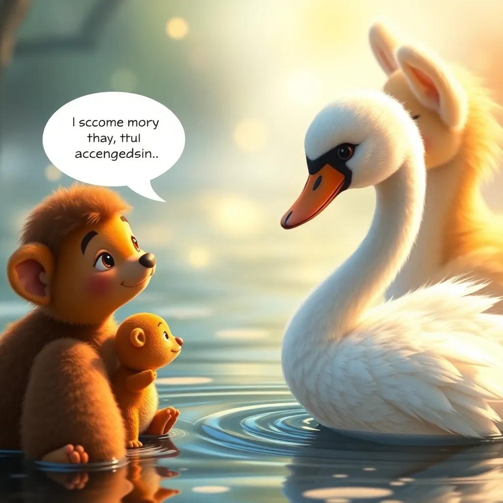 The little swan telling other young animals about acceptance, with a magical atmosphere, gentle lighting, encouraging expression, high quality