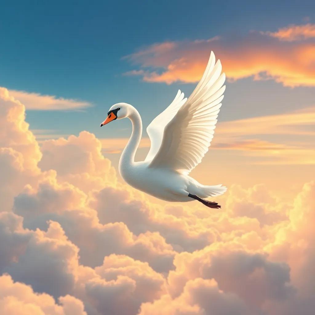 A beautiful portrayal of the swan soaring high in the sky, surrounded by clouds, symbolizing freedom and self-love, vibrant colors, inspirational view, high quality