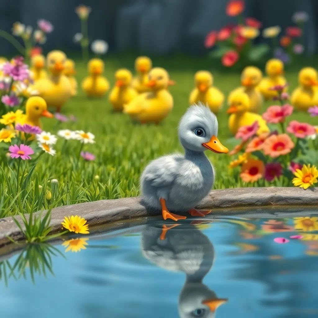 A little gray duckling, different from yellow ducklings, sitting alone on a pond's edge, looking sad, surrounded by vibrant flowers and green grass, cheerful, bright daylight, detailed, cartoon style, joyful atmosphere
