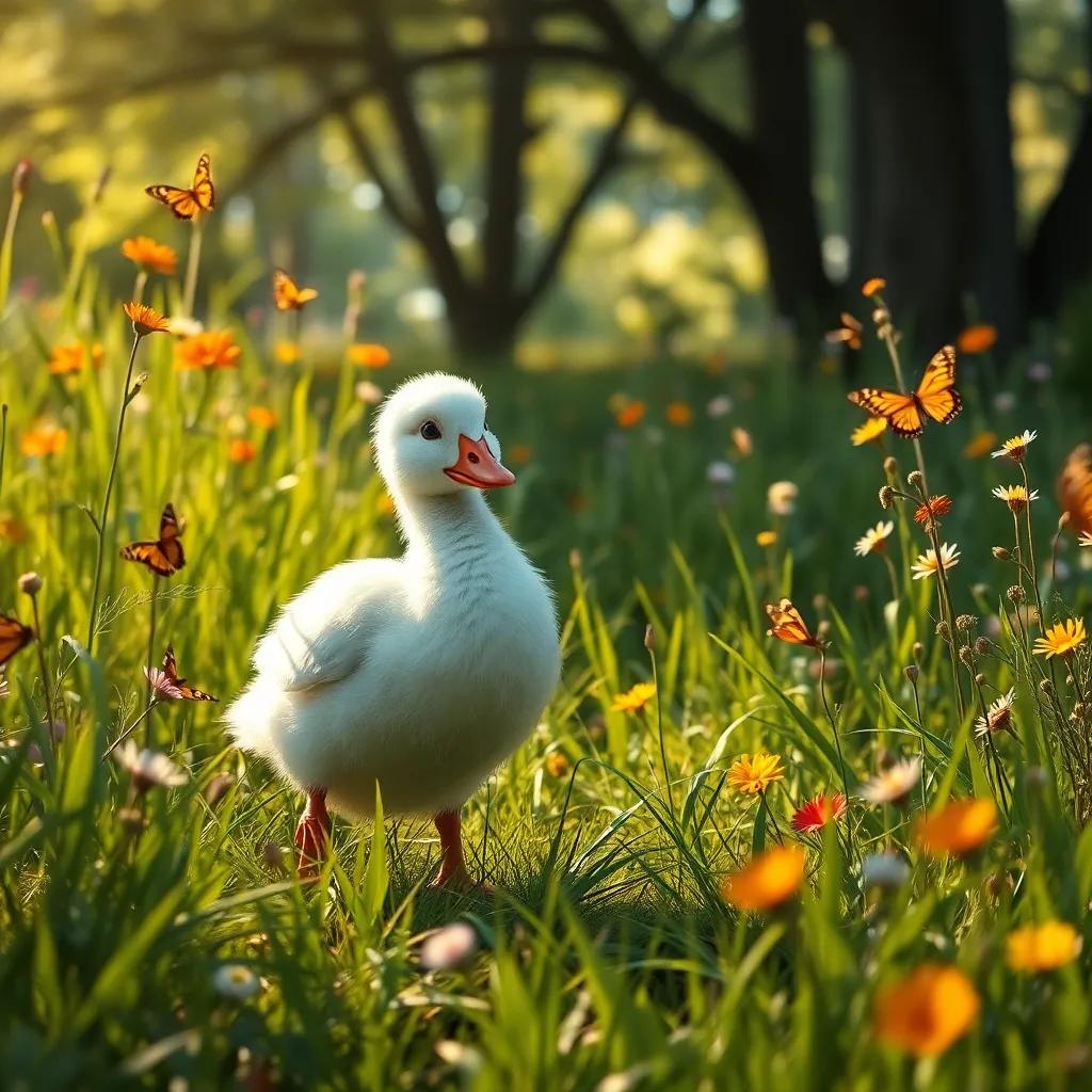 The Ugly Duckling wandering in tall grass, looking lost and shy, with butterflies fluttering around, colorful flowers blooming, sunlight filtering through trees, digital art, rich colors, warm and inviting feel