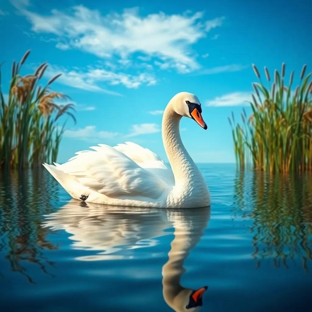 A beautiful swan gliding on the water, with a serene expression, serene blue sky reflecting in the pond, tall reeds swaying gently, vibrant colors, dreamlike quality, peaceful scene