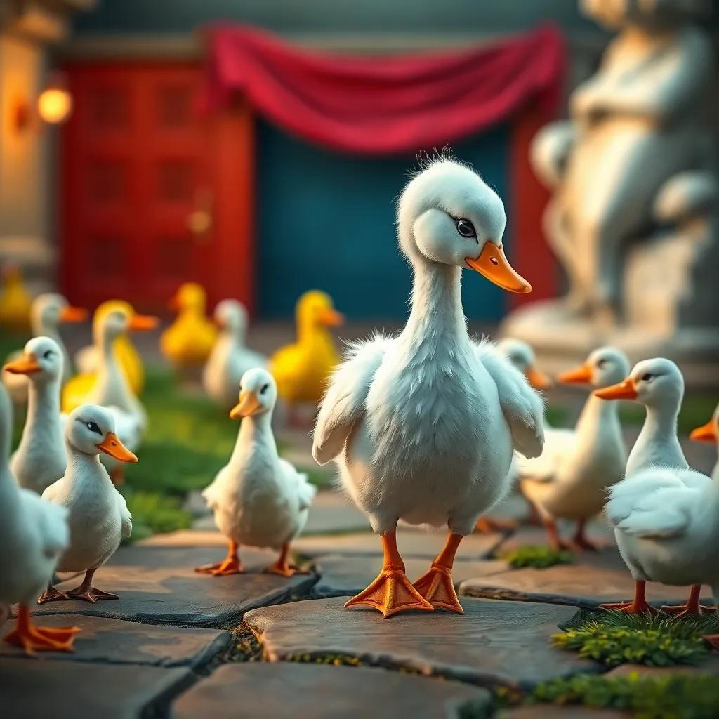 The Ugly Duckling walking away from playful ducks, feeling sad, with tears in his eyes, depicted in a whimsical style, colorful environment, soft light enhancing the scene