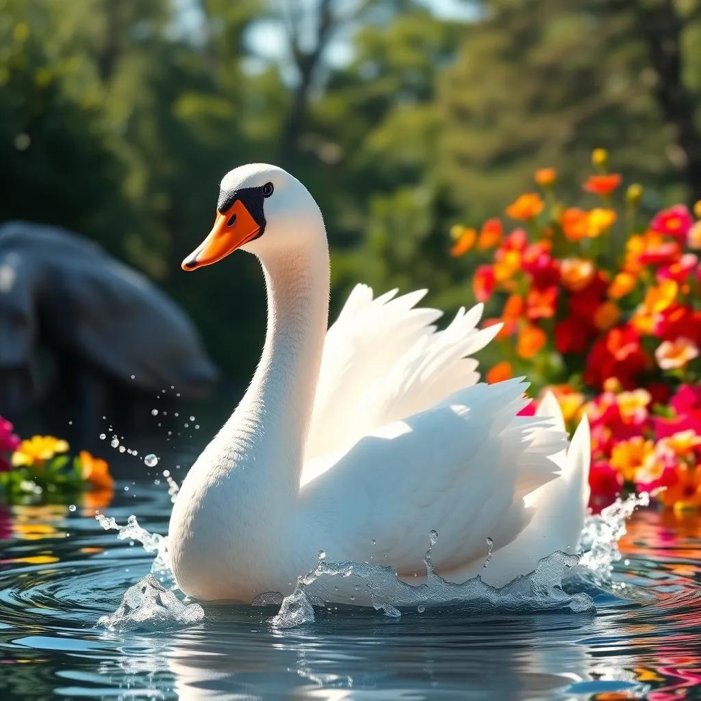 The Ugly Duckling happily transforming into a graceful swan, with sparkling water splashing around him, bright sunshine, surrounded by colorful flowers, joyous atmosphere, uplifting art style