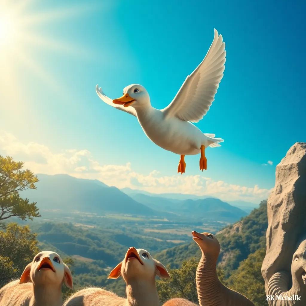 The Ugly Duckling flying high above a beautiful landscape, joyful expression, with animals below looking surprised, bright blue sky, golden light illuminating the scene, adventurous feel, detailed art