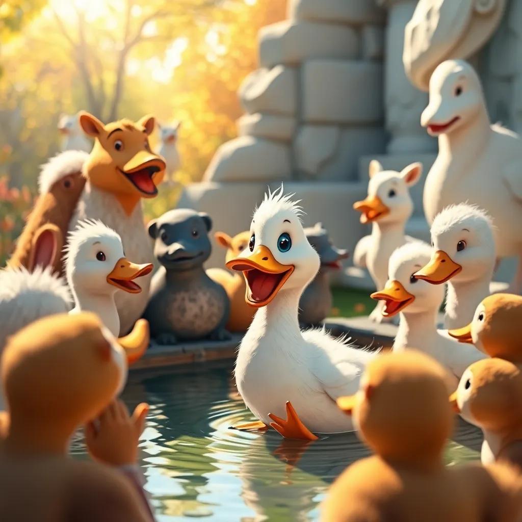 The Ugly Duckling being welcomed by friendly animals at the pond, smiling and happy, colorful surroundings, bright sunlight, warm colors creating a heartwarming atmosphere, illustration style
