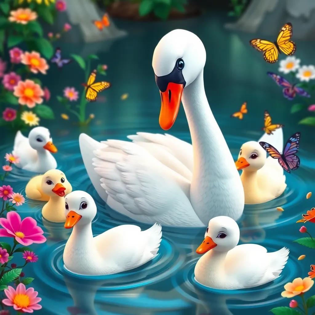 The beautiful swan with other ducks, happily swimming together, vibrant flowers and colorful butterflies around, cheerful expression on the animals' faces, bright colors, inviting scene, cartoon art