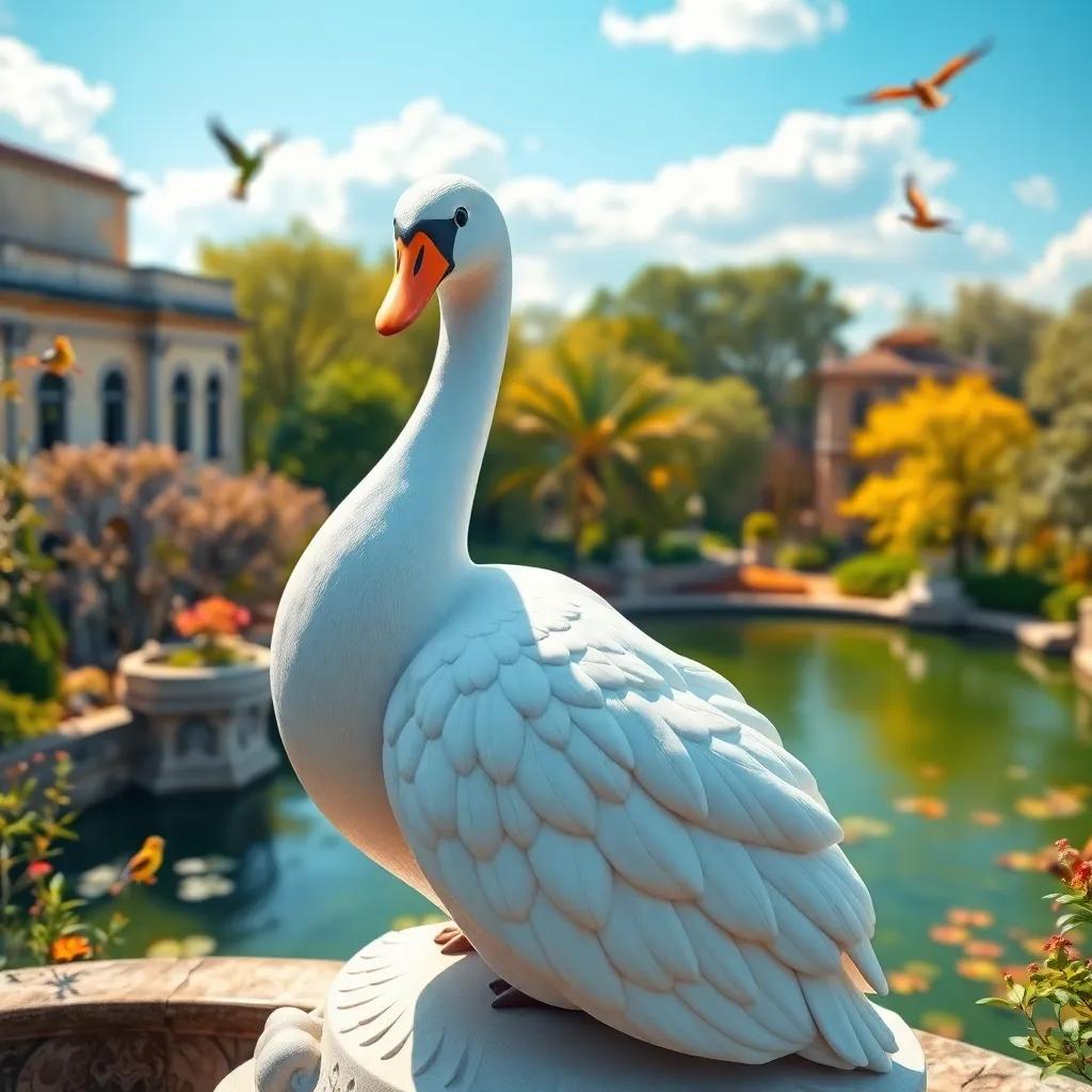 The swan, perched proudly, overlooking a sunny pond, radiating happiness, surrounded by nature, colorful birds chirping, animated style, warm and lively