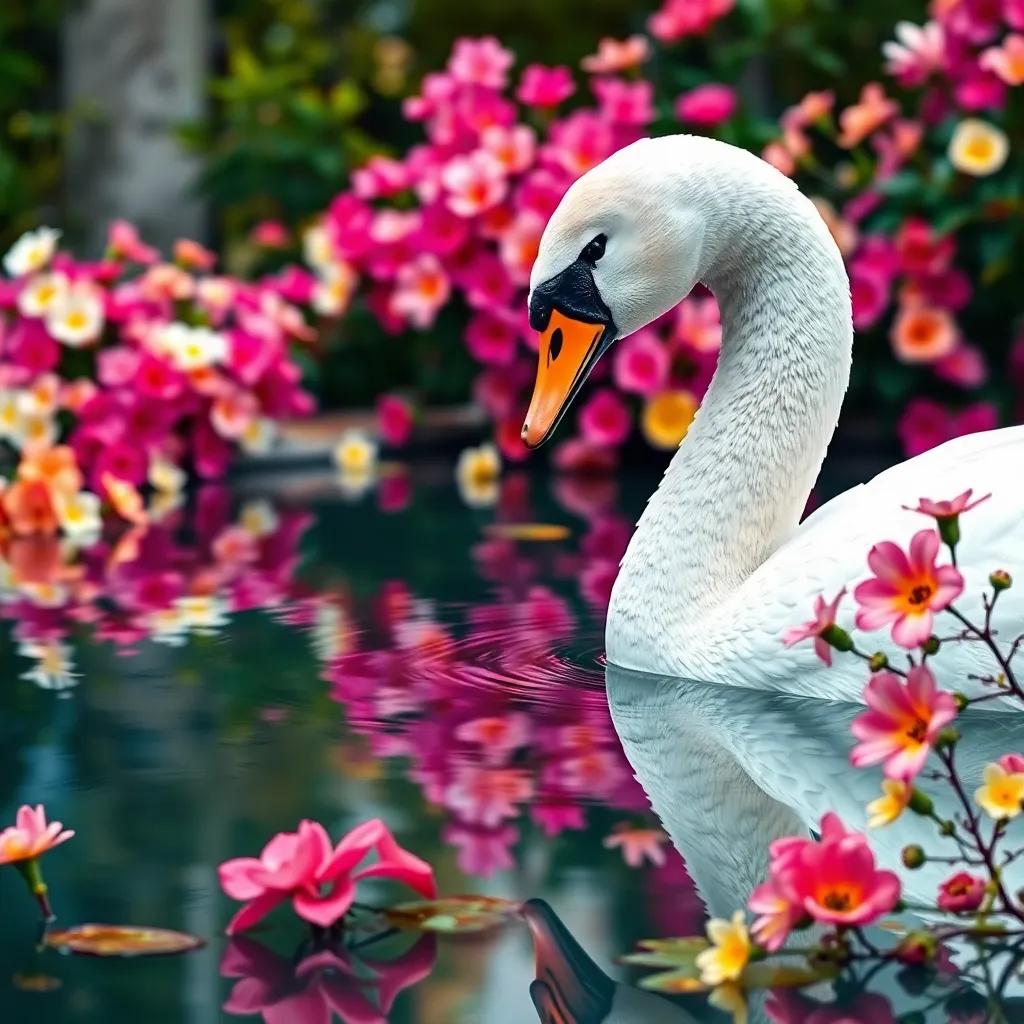 The swan looking in the water, smiling at his reflection, surrounded by blooming flowers, reflecting a peaceful atmosphere, colorful, bright and cheerful, illustrating joy and self-love